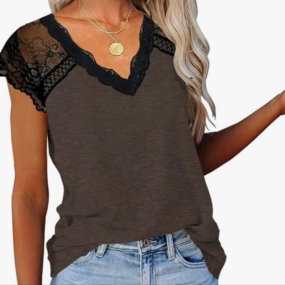 KINLONSAIR Women's Lace Basic V-Neck T-Shirts Short Sleeve Loose Fitting Tunic